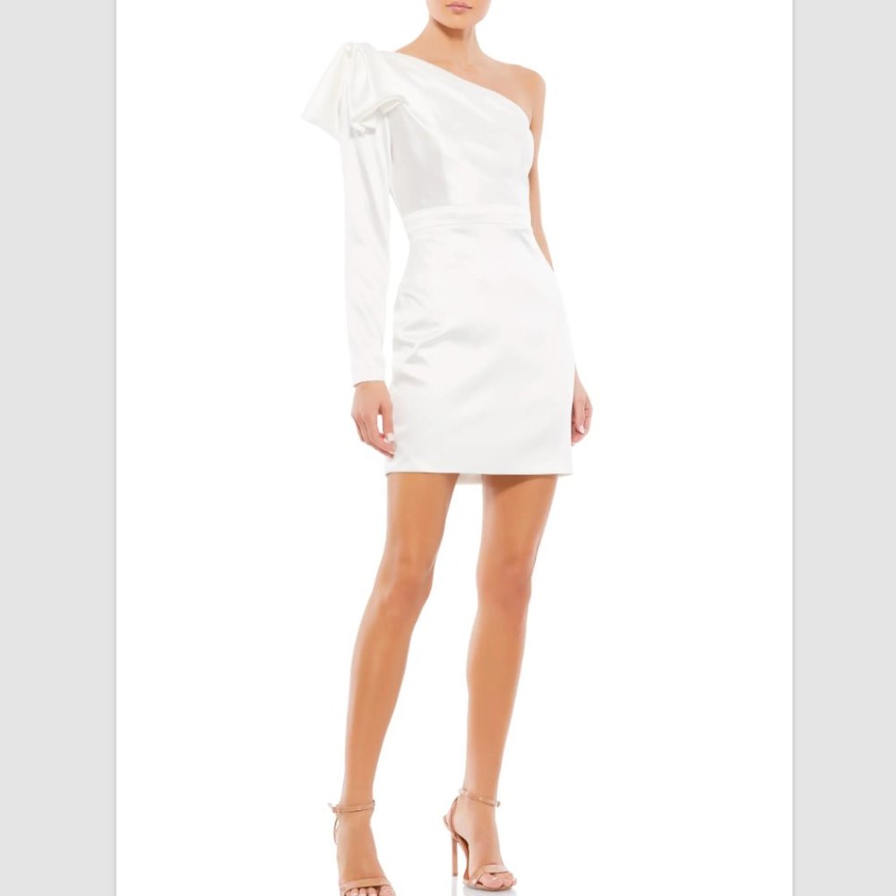 Mac Duggal White One-Shoulder Satin Mini Dress